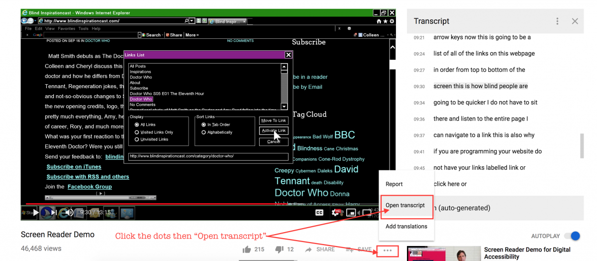 click on the dots then "Open transcript" to view the video's transcript to the right